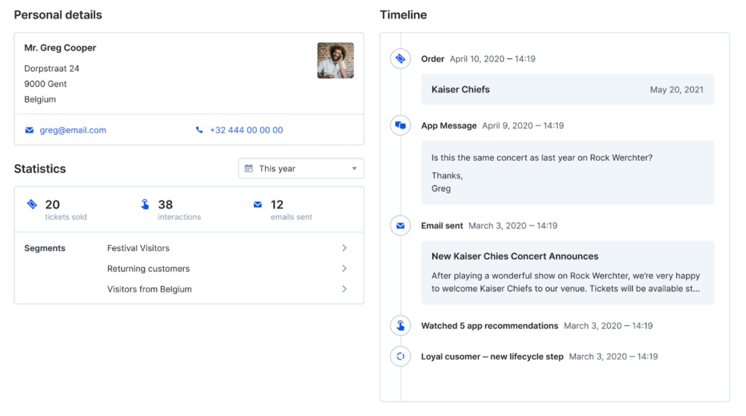 The customer detail screen with timeline